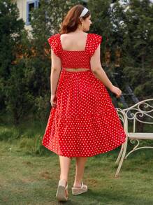 Dreamara 紅色波點浪漫休閒復古假期V領扭結蝙蝠袖大碼連衣裙 - 紅色 - 查看 7