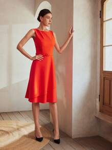 MOTF Classy SOLID FLOWY HEM BUCKLE BELTED DRESS,SUMMER OUTFITS - Red - View 8