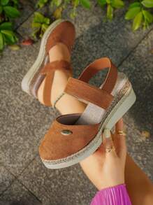 Women Rope Platform & Thick-Soled Sandals, Women Closed Toe Elastic Band Pumps With Brown Suede Upper - Brown - View 1