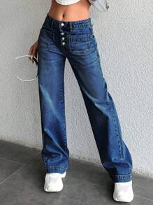 EURMUSE 女士纯色简约设计日常休闲口袋牛仔裤 - 中等水洗藍 - 查看 5