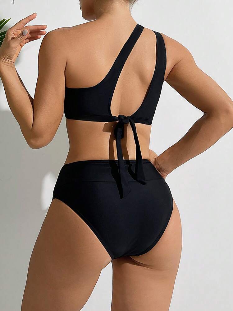 Summer Women One Shoulder Sleeveless Plain Hollow Out Sexy Bikini Set For Vacation