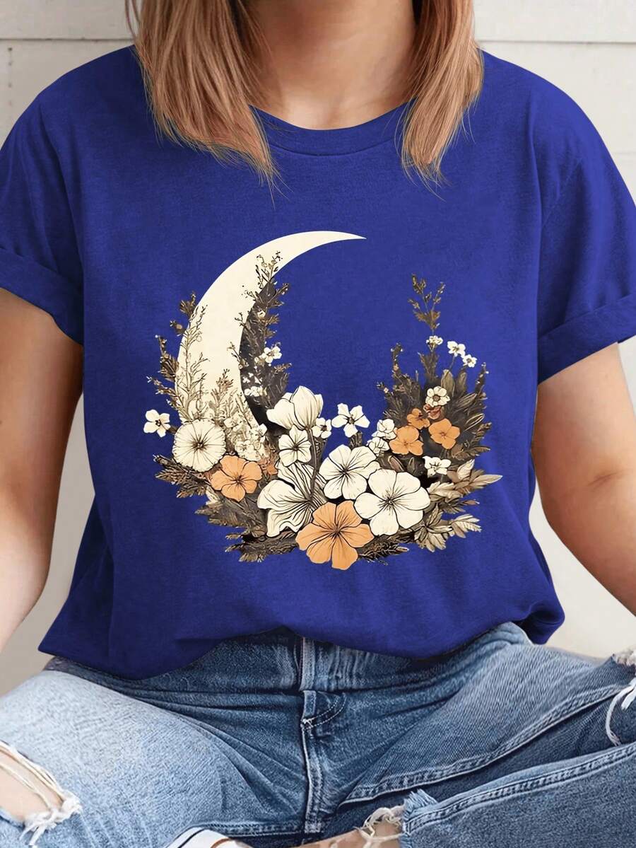 SHEIN LUNE 大碼夏季月亮花卉印花圓領短袖休閒T卹 - 藍色 - 查看 1