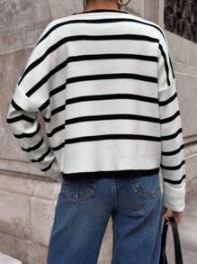 EURMUSE Contrast Color Stripe Round Neck Double Sleeve Hem Button Detailed Cardigan - Black and White - View 4