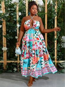 Maweii Plus Size Nữ Mùa Hè Họa Tiết Hoa Hình Học Cut-Out Đeo Chéo Halterneck Đầm Gợi Cảm Cho Kỳ Nghỉ - màu xanh lá - Xem 5