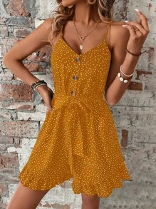 Breezaya Women Polka Dot Print Simple Daily Spaghetti Strap Jumpsuit - Yellow - View 5