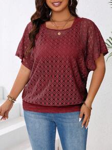 SHEIN LUNE Blusa de manga de murciélago con parches de encaje de unicolor para mujer de talla grande como ropa de vacaciones y Año Nuevo - Rojo - Ver 7