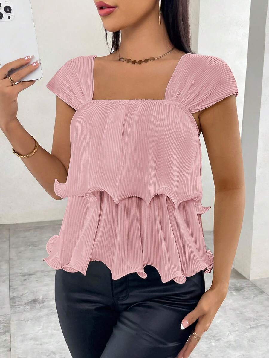 SHEIN Privé 女性浪漫百褶荷葉邊上衣,適用於日常和度假 - 藕粉色 - 查看 1