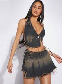 Denimoi Denim Halter Top & Pleated Skirt Two Piece Set - Dark Wash - View 1