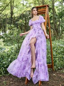 Faeriesty Đầm dạ hội trễ vai tay bồng viền bèo nhún sang trọng, trang trọng cho tiệc cưới, dự tiệc tốt nghiệp, tiệc tối - Màu Lilac Tím - Xem 7