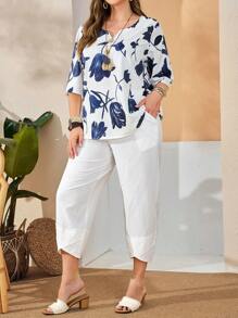 EMERY ROSE Conjunto de blusa con estampado floral y pantalones capri talla grande, para el verano