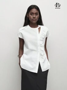 BizChic Women's Summer Casual Solid Color Hollow Out Ruffle Hem Business Leisure Shirt