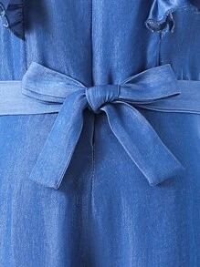 SHEIN 少女純色連體褲，設有簡單精緻蕾絲袖口裝飾 - 藍色 - 查看 5