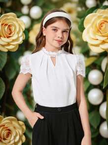 Ontre Camisa casual de manga corta de encaje tejido para niña adolescente, primavera/verano - Blanco - Ver 6