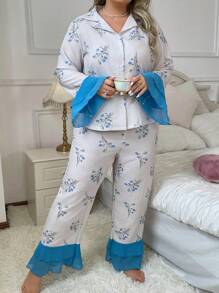 Color Block Long Sleeve And Long Pants Printed Pajama Set In Plus Size