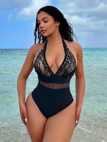 SHEIN Swim Women One-Piece Swimsuit With Spliced Lace, Padded Bra And Halter Neck,Summer Beach - Black - View 3