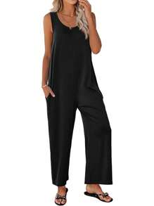 Women Elegant Loose Pocket Design Jumpsuit - Black - View 1