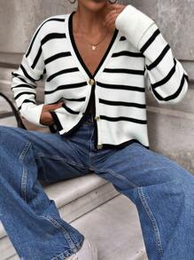 EURMUSE Contrast Color Stripe Round Neck Double Sleeve Hem Button Detailed Cardigan - Black and White - View 5