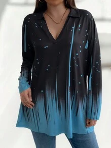 Calvaya Plus Size Women Spring/Summer Contrast Collar Long Sleeve Casual T-Shirt With Ink Printing Fall Cloth For Women - Multicolor - View 4