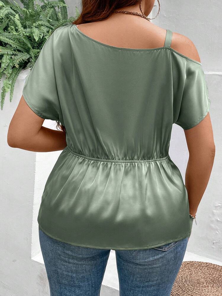 Plus Size Women Solid Color Simple Asymmetrical Collar Ruched Shirt
