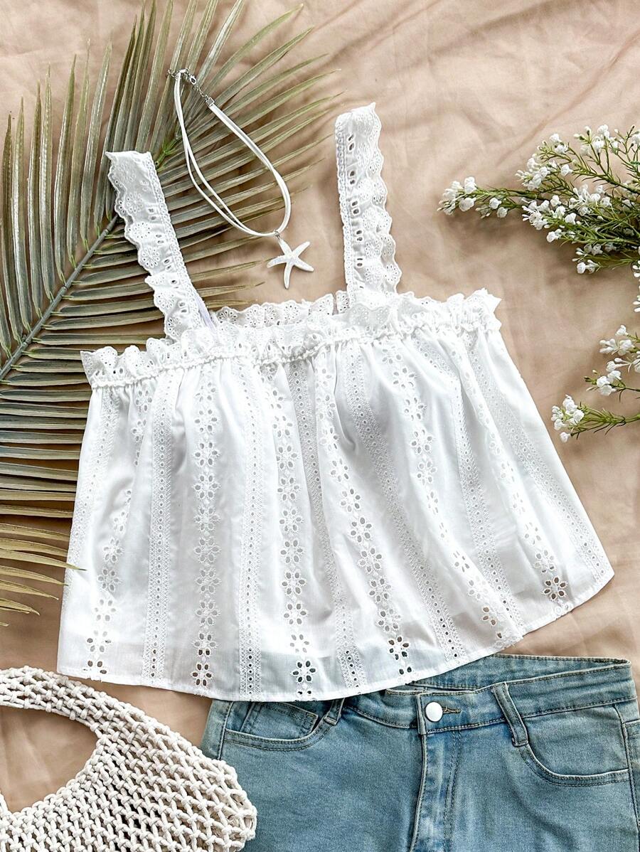 SHEIN WYWH 夏日假期寬鬆休閒純色鑲空刺繡背心上衣 - 白色 - 查看 1