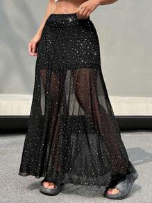 SHEIN EZwear Western Wear Women's Spring/Summer Y2k Black Mesh Contrast Skirt