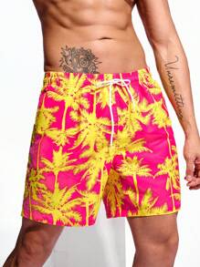 Arcluno Hombres Suelto Bermudas de Playa con impresión de Palmeras en la Cintura con cordón para vacación (patrón de corte aleatorio) - Multicolor - Ver 3