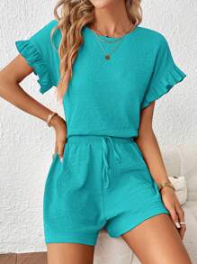 SHEIN Essnce Women Short Sleeve Top & Elastic Waist Shorts Set, 2pcs - Cadet Blue - View 4