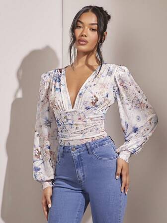 SHEIN BAE Women Floral Mesh Print Waist Ruched Lantern Sleeve Elegant Bodysuit