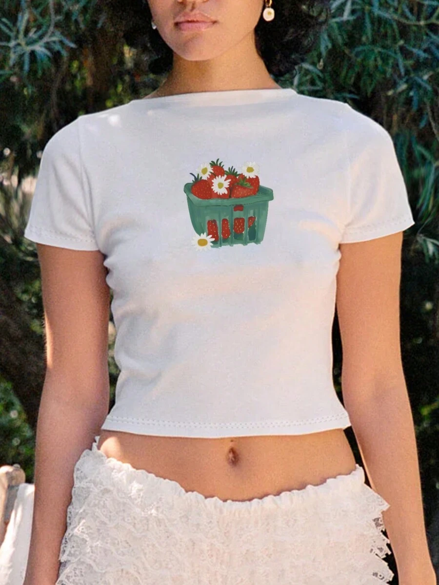 SHEIN EZwear 女性雛菊印花短袖短上衣，夏季休閒T恤 - 白色 - 查看 1
