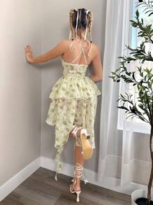 Sweetina Women Summer Floral Printed Asymmetrical Hem Hollow Out Spaghetti Strap Dress With Ruffle Trim - Multicolor - View 2