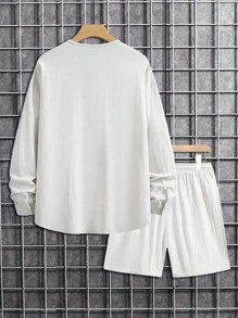Manfinity RSRT Men Vacation Casual Long Sleeve Shirt And Shorts Set, Fall Clothes, Cozy Outfits - White - View 3