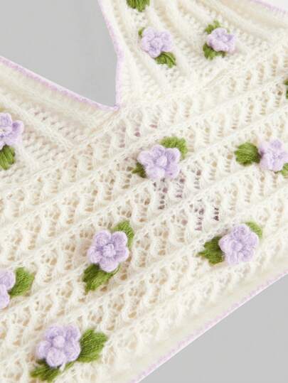 Kawaii Women Halter Crochet Knitted Top With 3D Flower Embroidery, Hollow Out, School