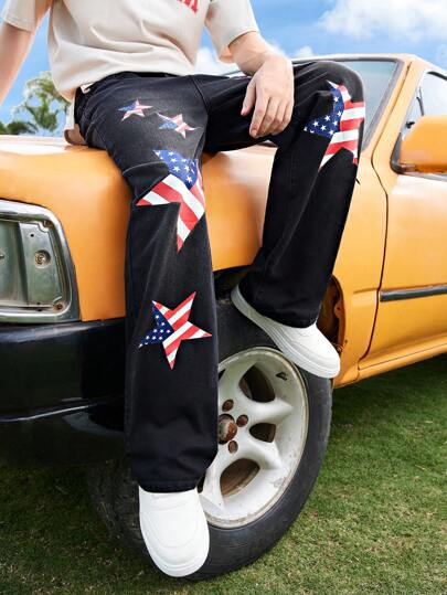 SHEIN Teen Boy Casual Versatile Star Flag Printed Loose Straight Leg Jeans, For USA Independence Day Look