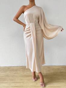 Chiquease 女款時尚不對稱領口長袖束腰優雅連衣裙 - 杏色 - 查看 1