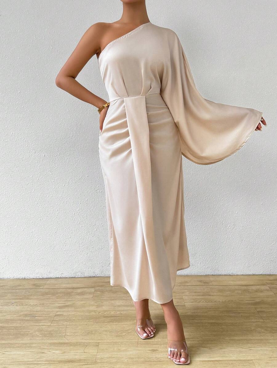 Chiquease 女款時尚不對稱領口長袖束腰優雅連衣裙 - 杏色 - 查看 1