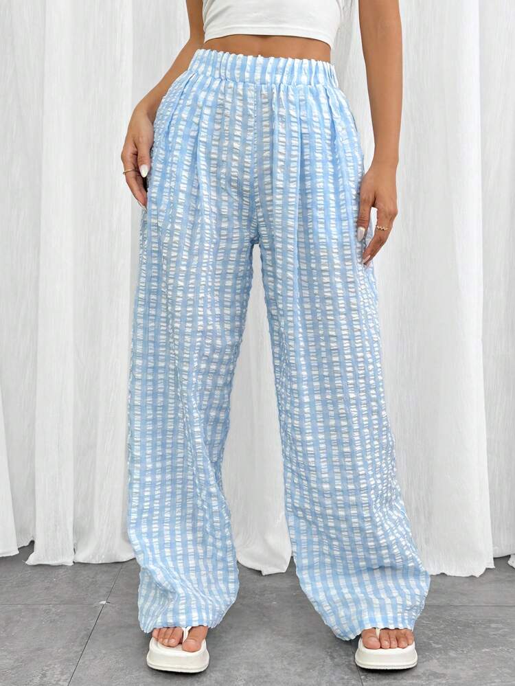 Spring/Summer Checkered Wide-Leg Pants, 2pcs/Set, Suitable For Picnic