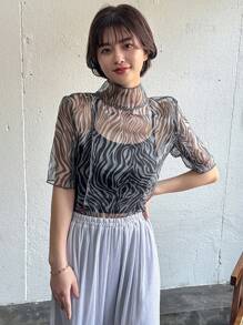 FRIFUL Parte superior de mujer de manga corta con cuello de malla transparente, adecuada para el verano, top corto para mujeres
