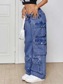 SHEIN PETITE Casualowe spodnie robocze z wieloma kieszeniami, prostymi, spranymi nogawkami - Ciemny jeans - Zobacz 1