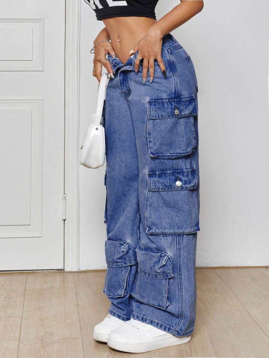 SHEIN PETITE Casualowe spodnie robocze z wieloma kieszeniami, prostymi, spranymi nogawkami - Ciemny jeans - Zobacz 1