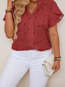 SHEIN LUNE Women's Plus Size Fashionable Heart Printed Ruffle Sleeve Summer Blouse - Red - View 5