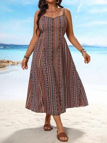 SHEIN Holidaya 大尺碼細肩帶印花無袖日式洋裝，夏季度假風格 - 彩色 - 查看 4