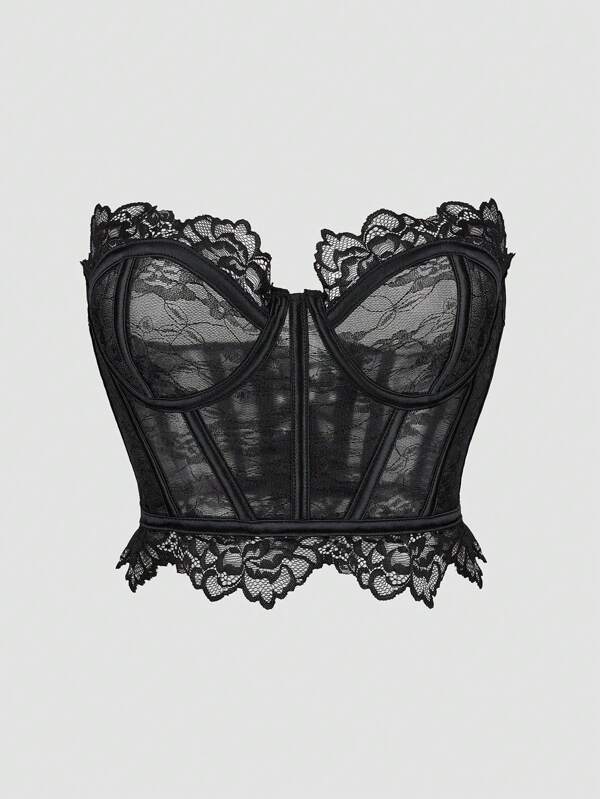 EgrlEra Corset din dantelă cu acoperire completă cu sârmă, cu cupe de susținere a oaselor (tăiere aleatorie a modelului floral superior inferior, 5 poziții), fundă sexy pentru femei, dantelă contrastată fără bretele, slim fit, negru, topuri simple, pentru primăvară/toamnă, ținută zilnică Y2K 