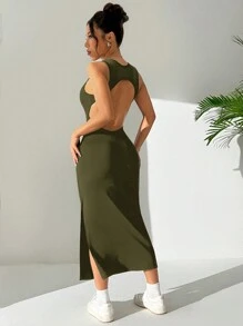 SHEIN EZwear Vestido sin mangas sencillo y diario para mujeres de unicolor y espalda descubierta - Verde militar - Ver 4