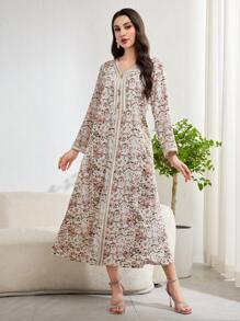 Al Najma Women Elegant Floral Printed Long Sleeve Dress, Modest Full Length Jalabiya, Casual Long Sleeve Dress - Multicolor - View 4