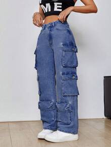 SHEIN PETITE Casualowe spodnie robocze z wieloma kieszeniami, prostymi, spranymi nogawkami - Ciemny jeans - Zobacz 4