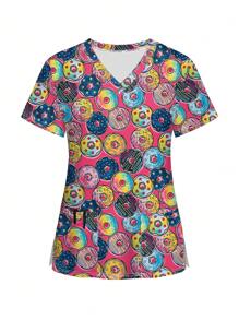 Parte superior de uniforme de scrubs de manga corta con estampado de donut de moda - Multicolor - Ver 1