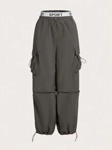 SHEIN EZwear 對比字母帶腰部蓋式口袋褲子