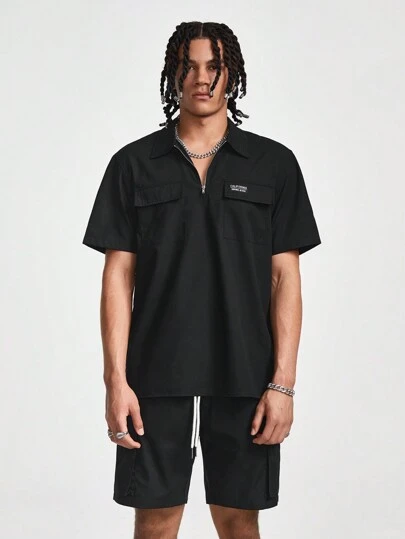 Manfinity VCAY 男士拉链口袋设计休闲短袖衬衫和短裤套装，适合春夏季，我爱我的男朋友，时尚，男朋友礼物，狂欢装，纯色，字母，工作