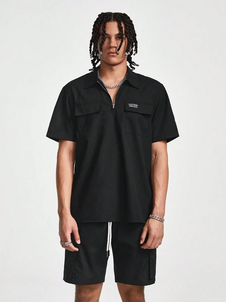 Men Zipper Pocket Design Casual Short Sleeve Shirt And Shorts Set For Spring Summer, I Love My Boyfriend, Fashion, Boyfriend Gift, Rave Outfit, Plain, Letter, Work