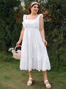Dreamara Vestido blanco de manga corta con encaje bordado y tela romántica y casual para vacaciones de talla grande - Blanco - Ver 5